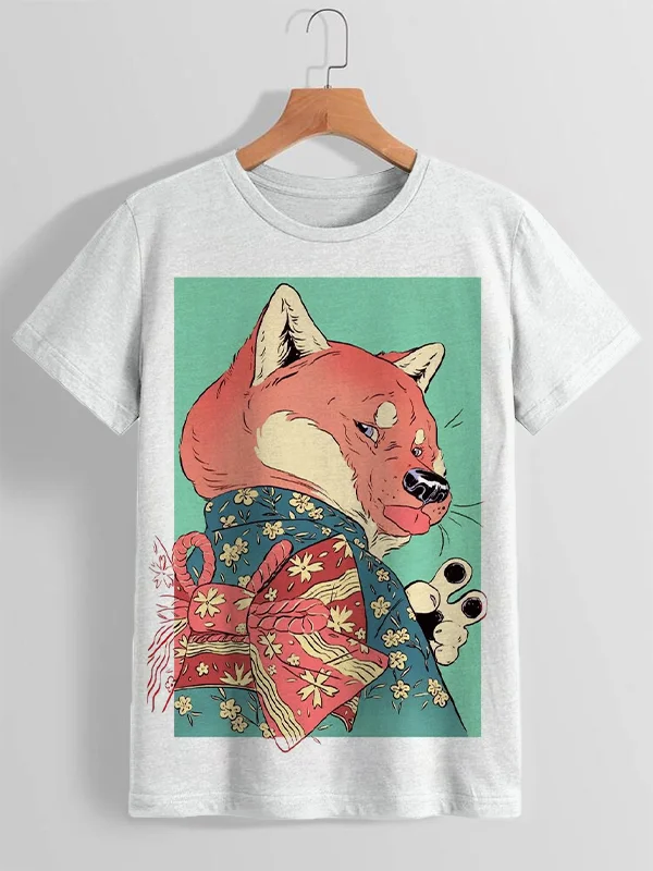 Women's Cute Kimono Shiba Inu Dog Illustration Print T-Shirt