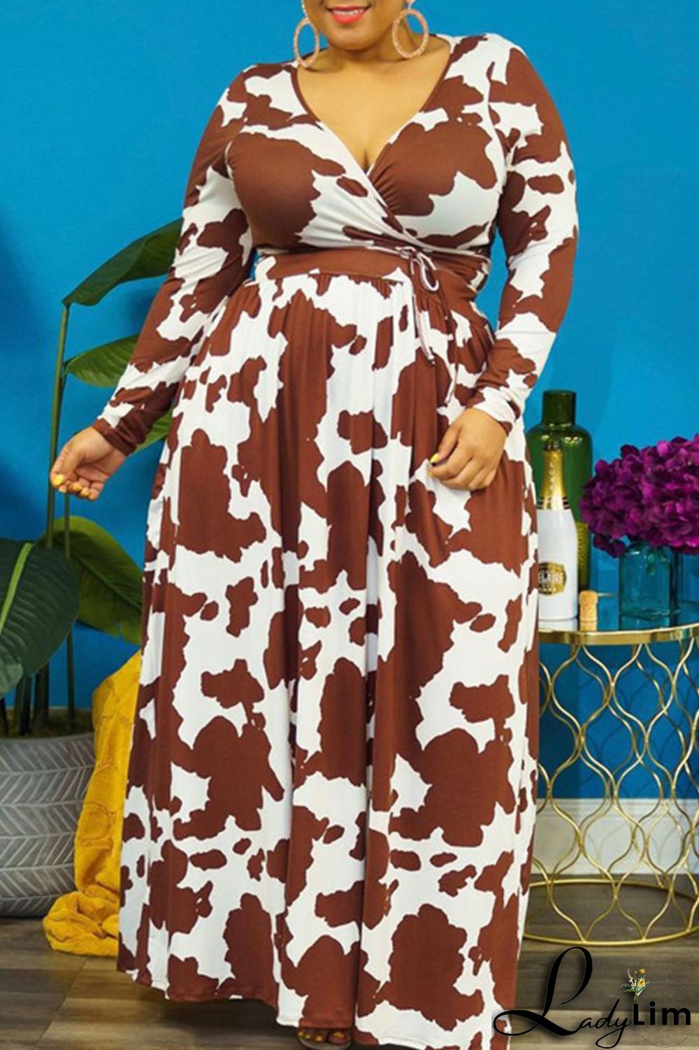 Burgundy Casual Print Bandage Patchwork V Neck Straight Plus Size Dresses