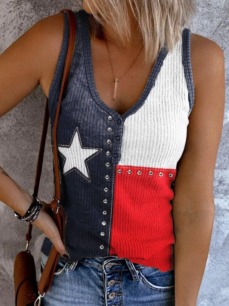 Texas Flag Inspired Studded Colorblock Button Up Tank Top