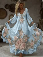 Women's Vintage Pink Floral Embroidery Art Comfy Linen Maxi Dress - Image 5