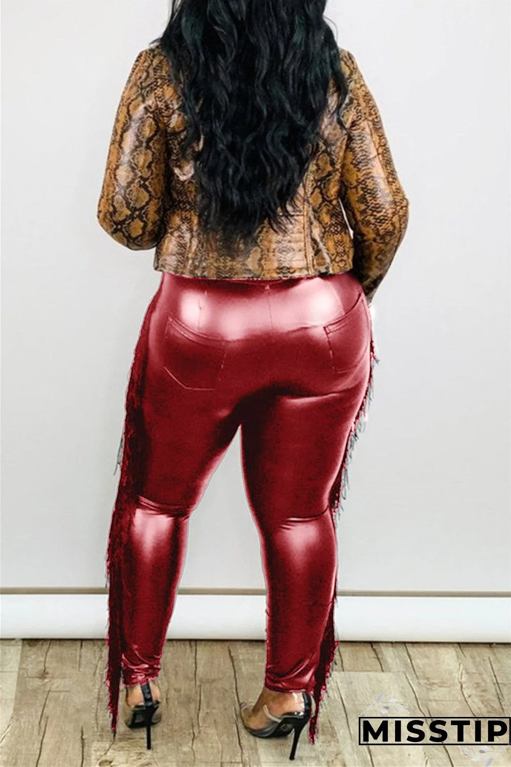 Wine Red PU OL Patchwork Solid tassel Zippered Stitching Zipper Tassel Plus Size