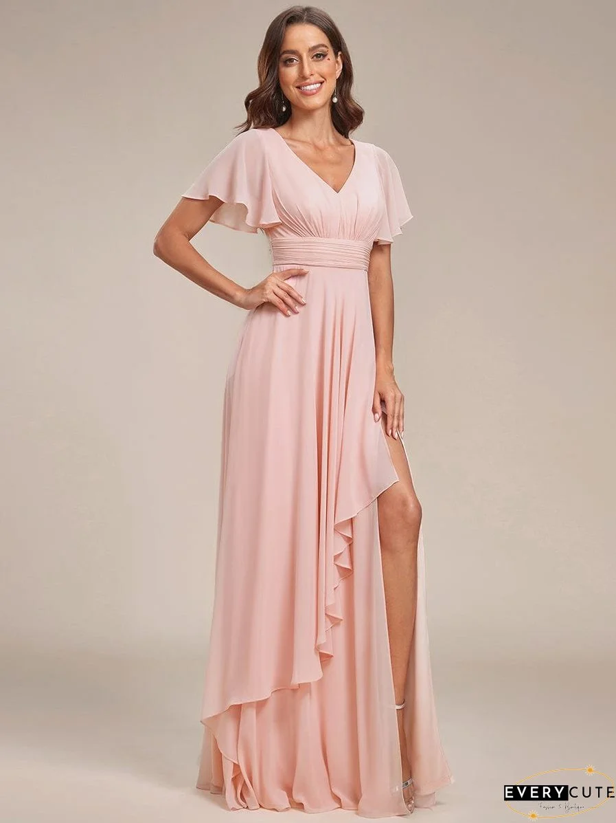 Chiffon Evening Dress with Ruffles Sleeve and Lotus Leaf High Slit
