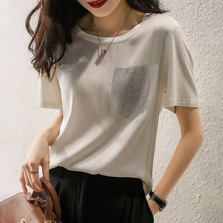 Solid Color Rhinestone Loose T-Shirt QueenFunky