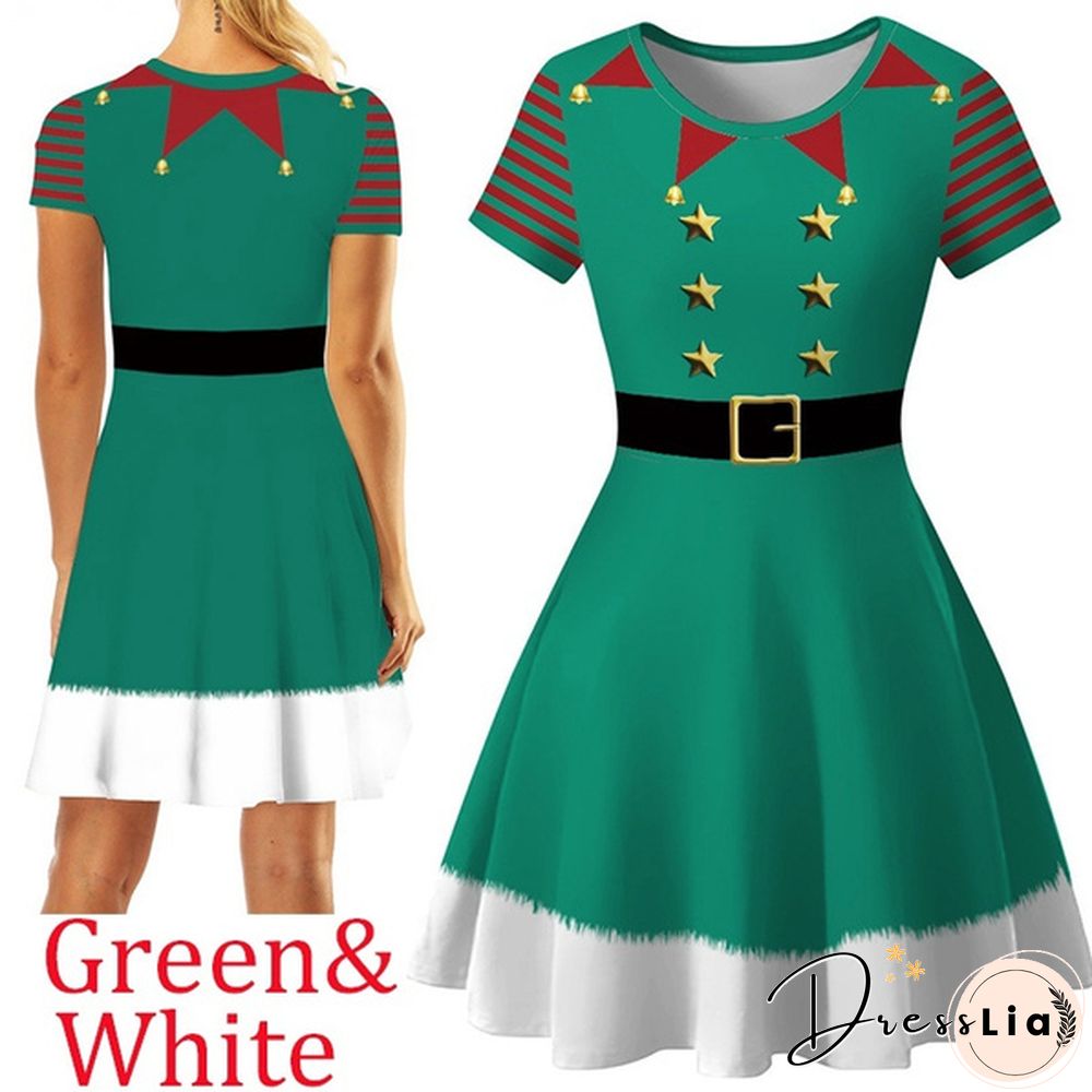 Christmas Deer Elk Snowman Print Short Sleeve Dress Xmas Santa Claus Women Dress