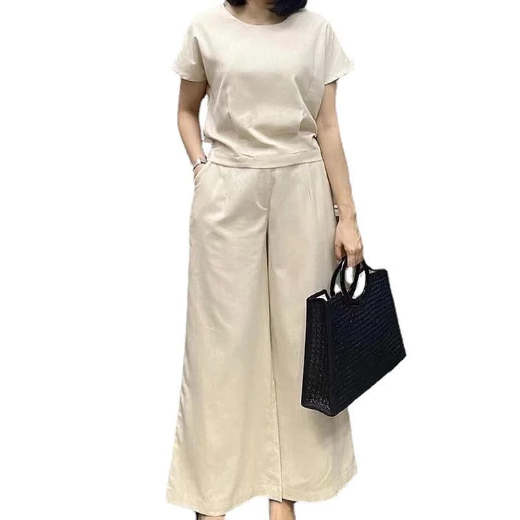 Fashion Solid Color Loose Short Sleeve Trousers Two-Piece Set