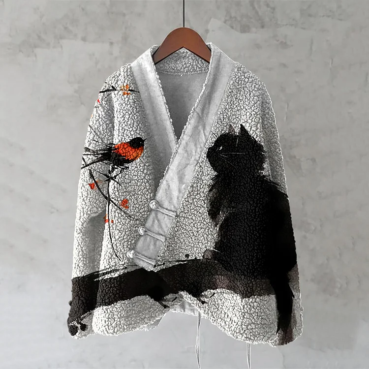 Vintage Birds And Cat Japanese Art Design Kimono