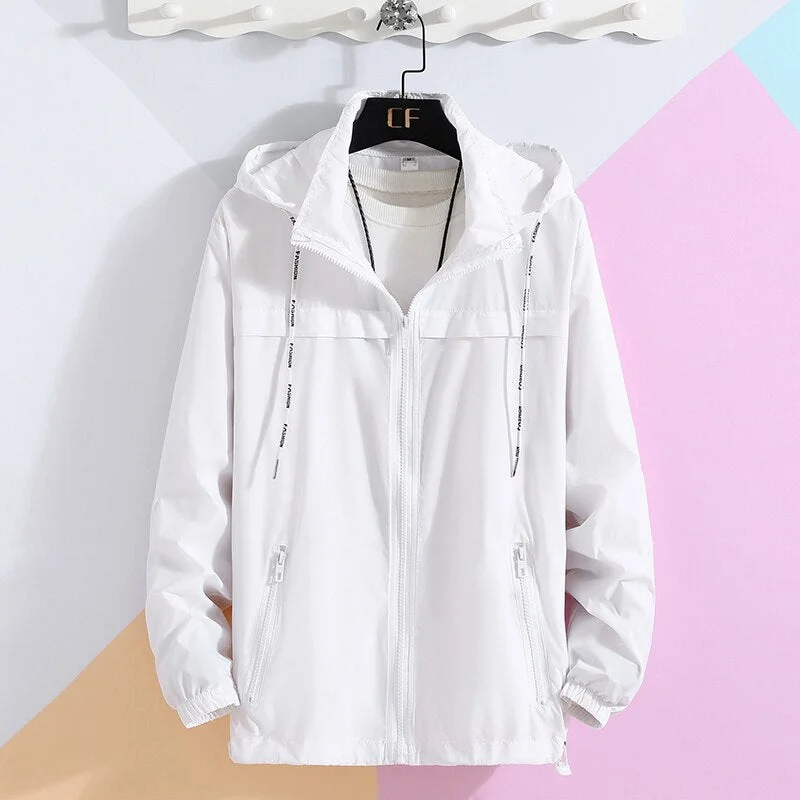 Woherb Summer Thin Jacket Men Hooded Quick-drying Sunscreen Coat Male Lightweight Fabrics Outdoor Windbreaker Travel Clothing White 5XL