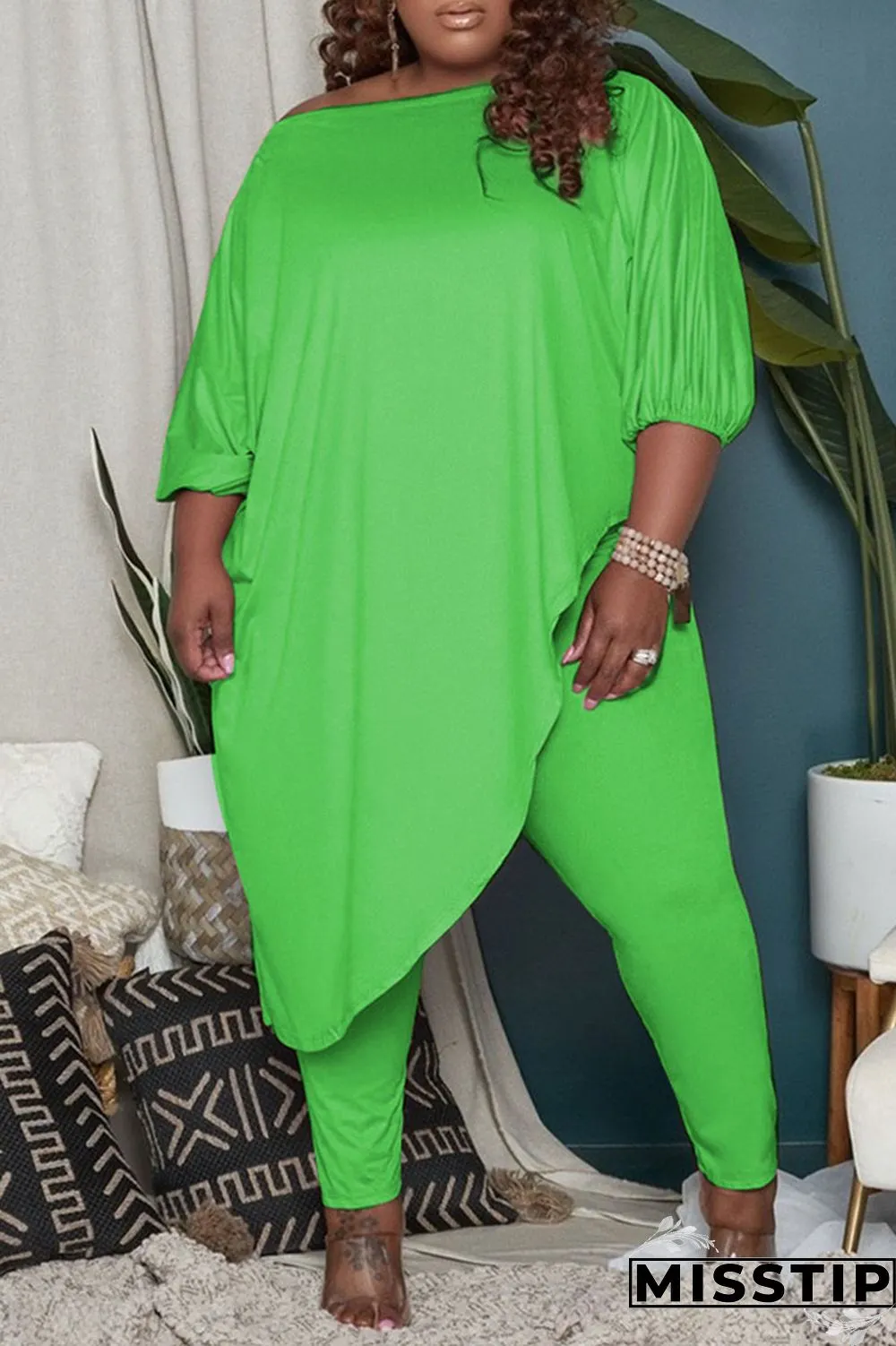 Green Fashion Casual Solid Asymmetrical Oblique Collar Plus Size Two Pieces