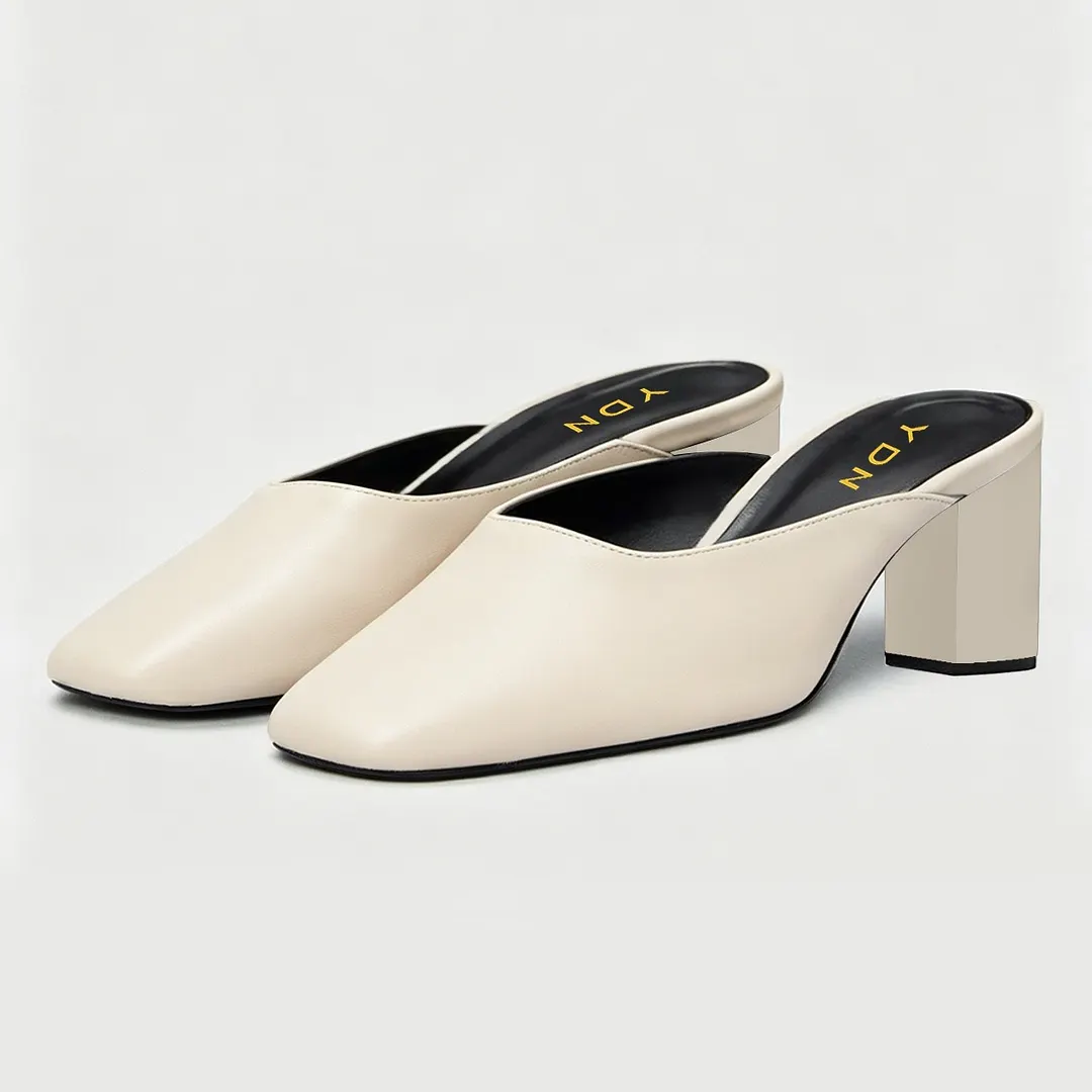 Casual Beige Slip On Square Toe Block Heel Mules for Women