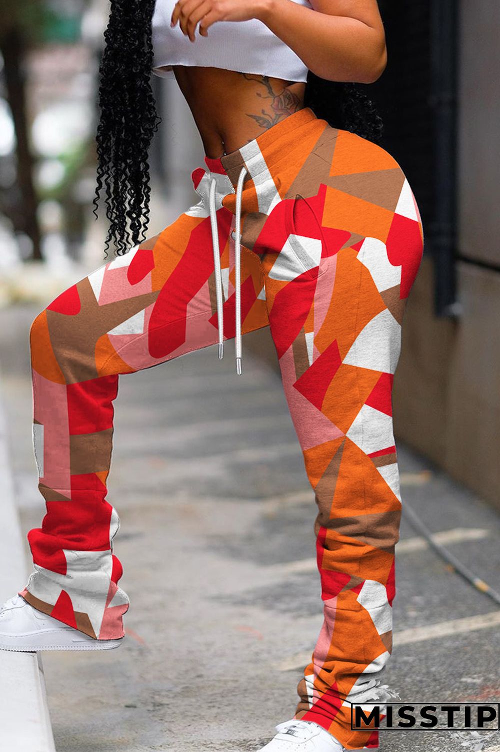 Cyan Casual Print Fold Regular Mid Waist Conventional Full Print Trousers