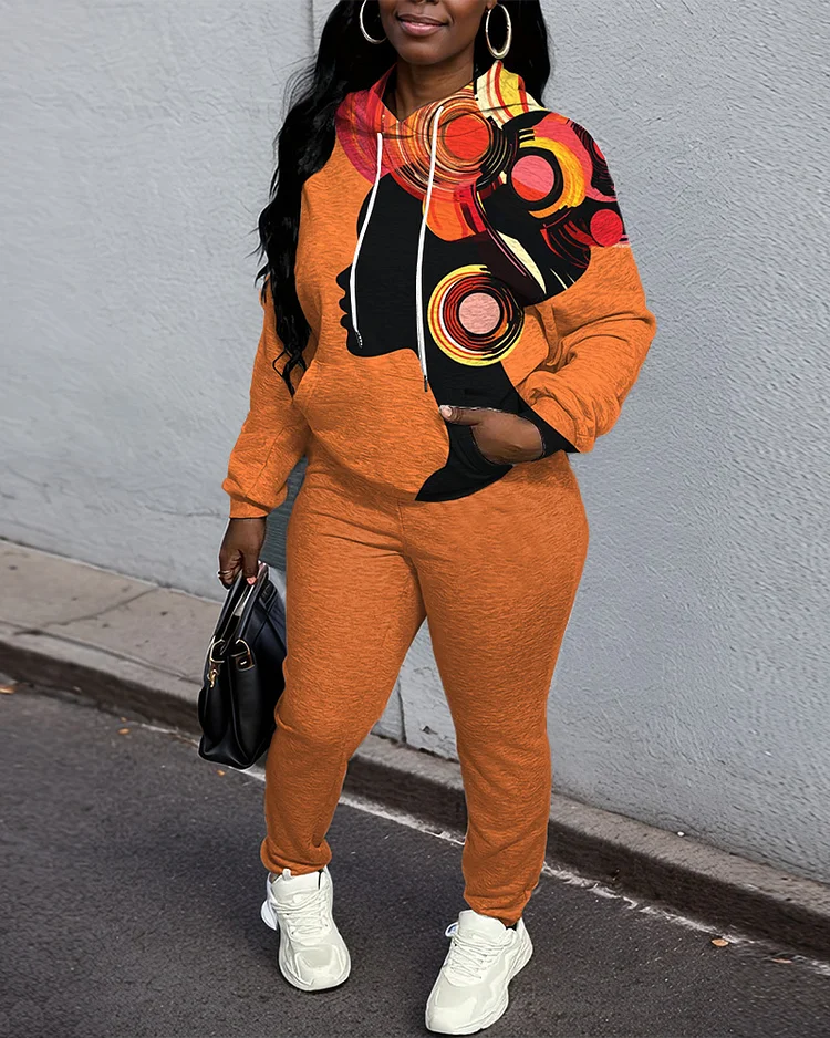 Retro Ethnic Portrait Print Hoodie and Solid Color Casual Pants Set