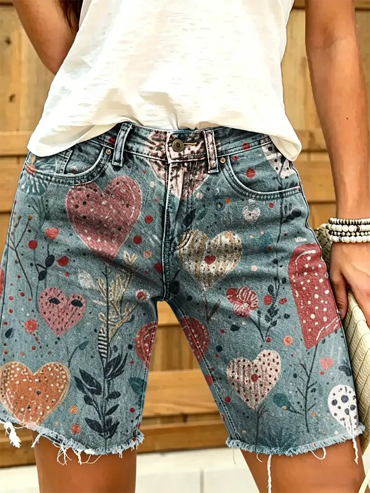 Ethnicity Bohemia Flowers Love Women's Art Print Casual Denim Shorts