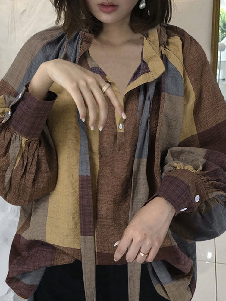 Plaid Print Button Knotted Long Sleeve Casual Blouse for Women P1800023