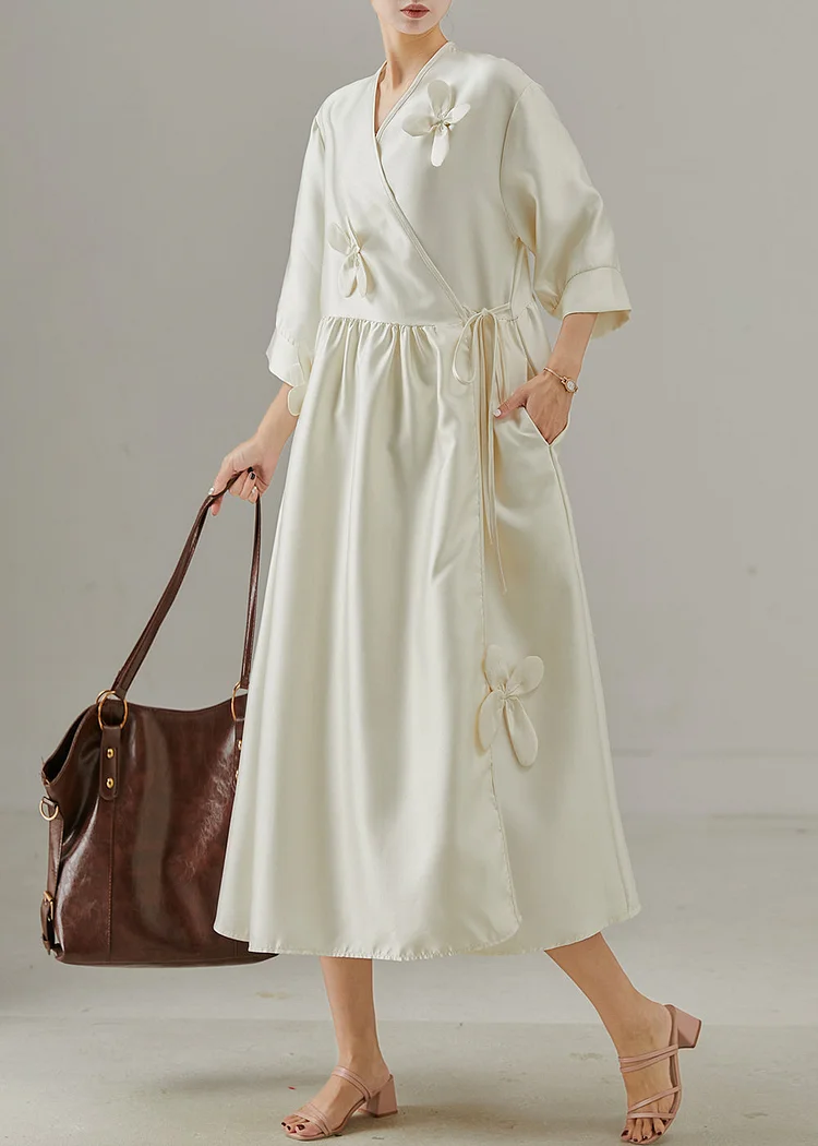 Boutique White Three-dimensional Floral Lace Up Silk Dress Summer