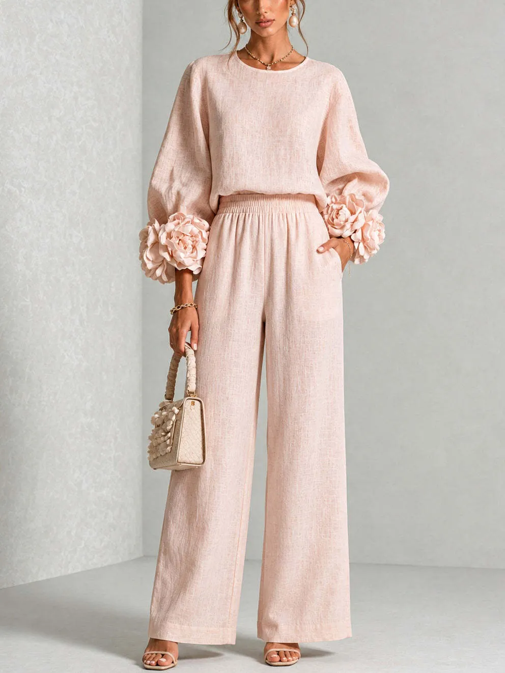 Women Linen 3D Floral Cuff Long Sleeve Top & Elastic Waist Wide Leg Pants Matching Set