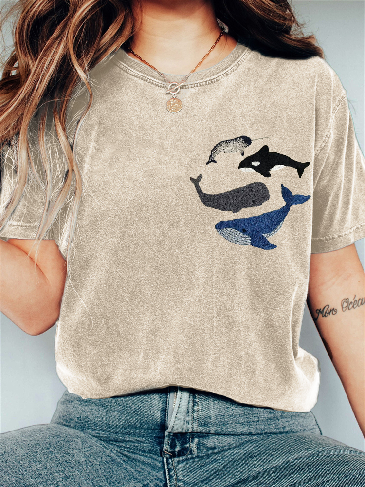 Species of Whales Embroidery Art Vintage T Shirt