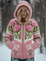 Women's Boho Rose Floral Art Pattern Knit Zip-up Sweater