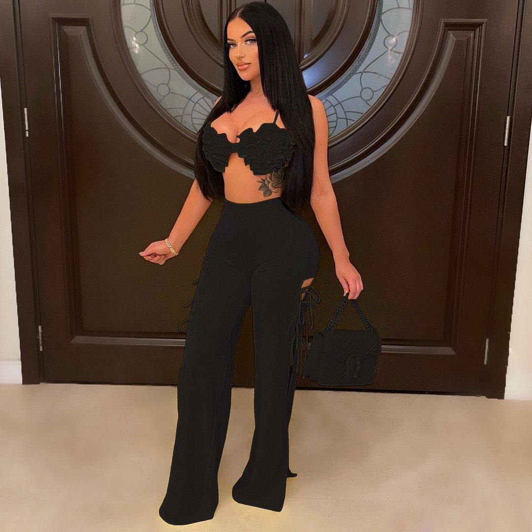 CM.YAYA 2022 Summer Women 2 Piece Set Floral Bra Tops and High Side Split Lace Up Wide Leg Pants Set Sweatsuit Tracksuit Outfits