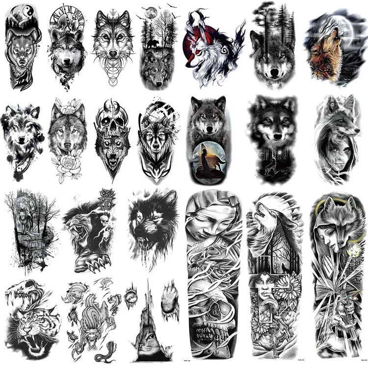 23 Sheets Wolf Full Arm & Half Arm Temporary Tattoo Combo