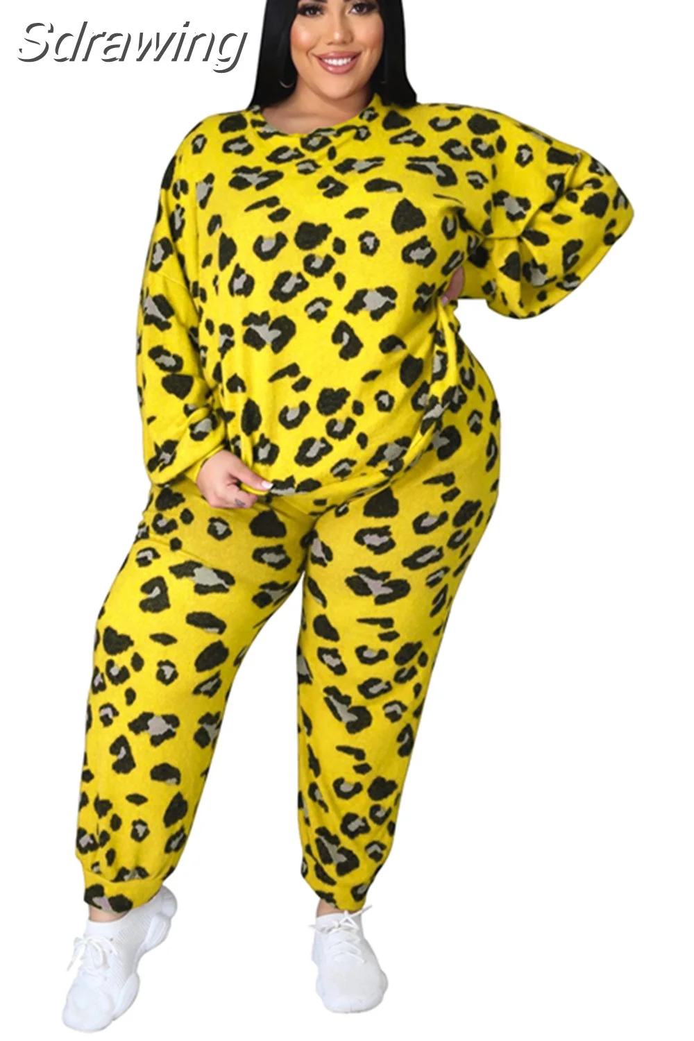 Sdrawing Size Women 5xl Sets Leopard Print Long Sleeve Tops And Pants 2023 Autumn Two Piece Sets Fashion Tracksuit Wholesale Clothes