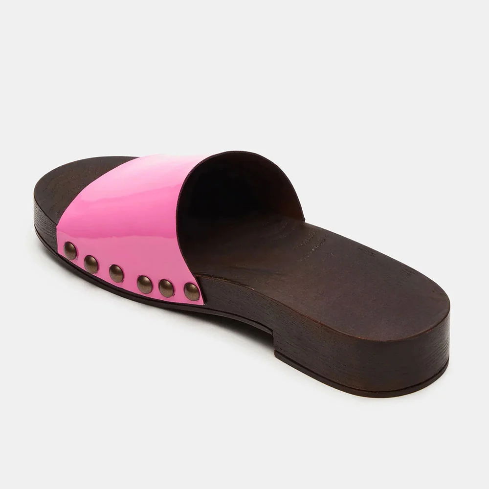 Patent Leather Round Toe Clog Studded Slide Shoes for Women in Pink