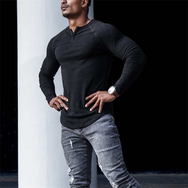 Men‘s Casual V Neck Long Sleeve Cotton T-Shirt