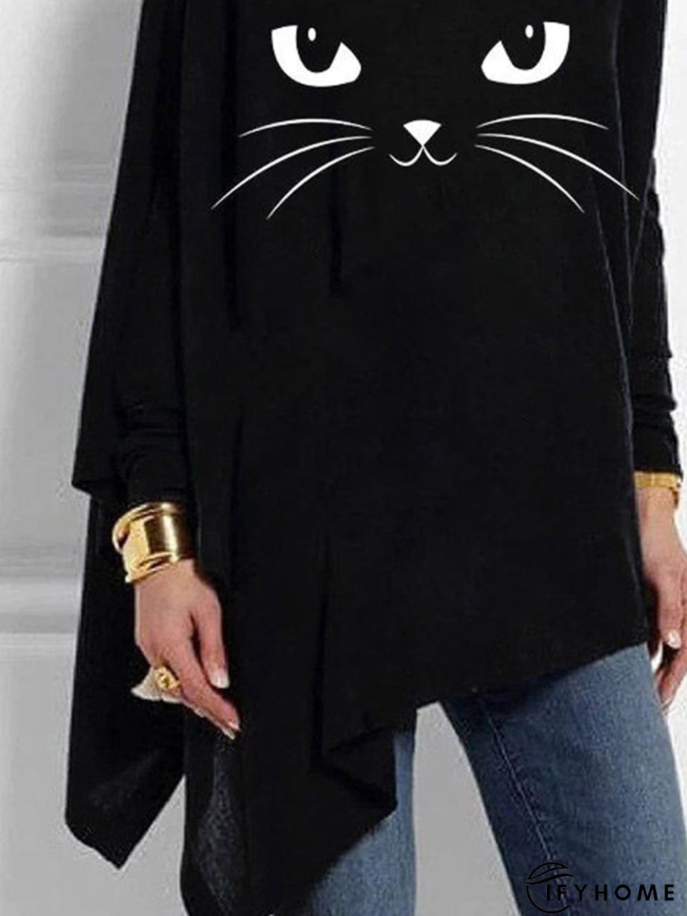 Black Casual Cat Printed Asymmetric Long Sleeve Shift Tunic Top | IFYHOME