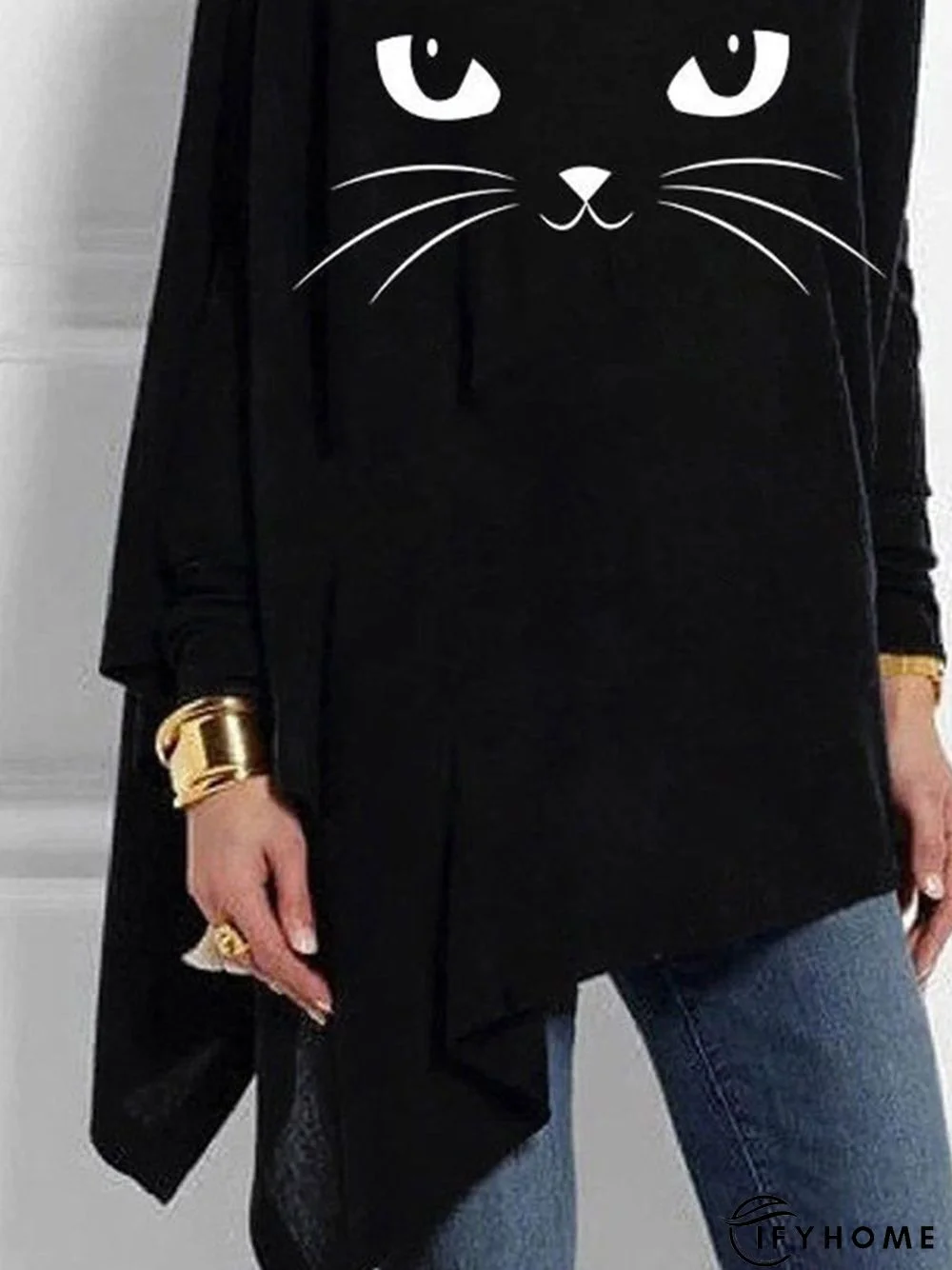 Black Casual Cat Printed Asymmetric Long Sleeve Shift Tunic Top | IFYHOME