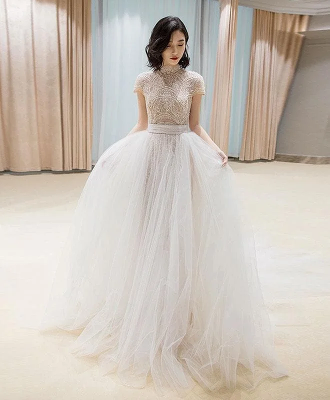 White Tulle Lace Long Wedding Dress, White Tulle Bridal Dress