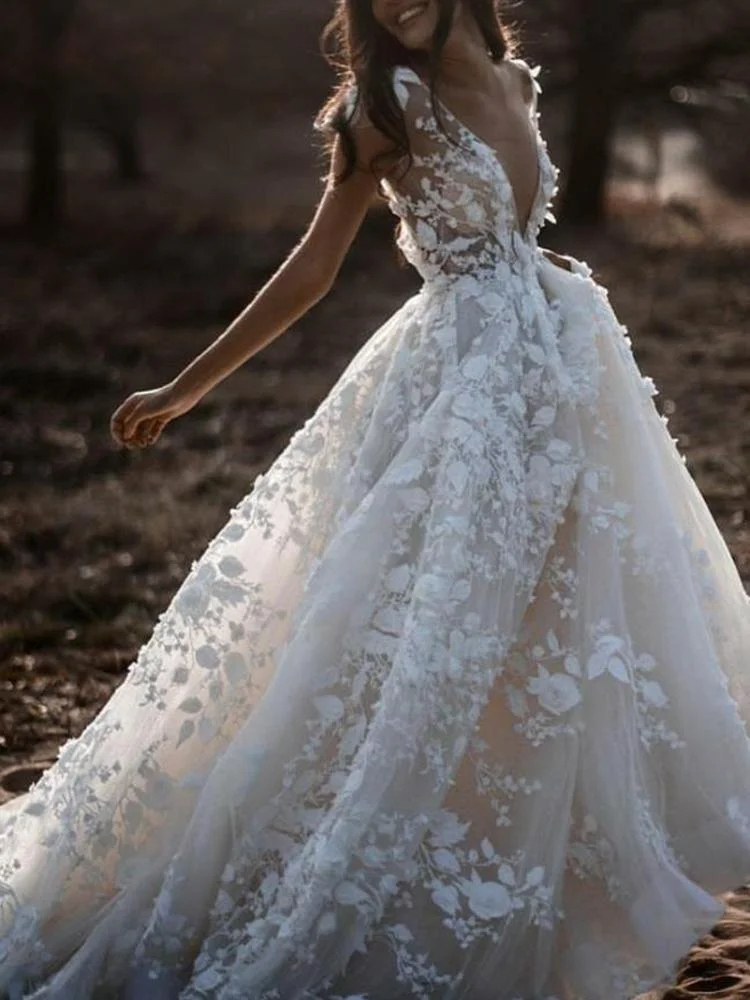 Promsstyle Deep v neck low back floral princess wedding dress Prom Dress 2023