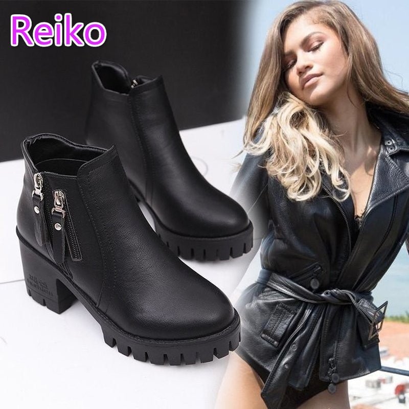 Women's buckle autumn and winter plus velvet short-tube black boots thick-heeled high-heeled women's motorcycle cotton boots