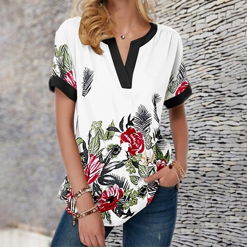 Floral Print Casual Short-Sleeved V-Neck T-Shirt