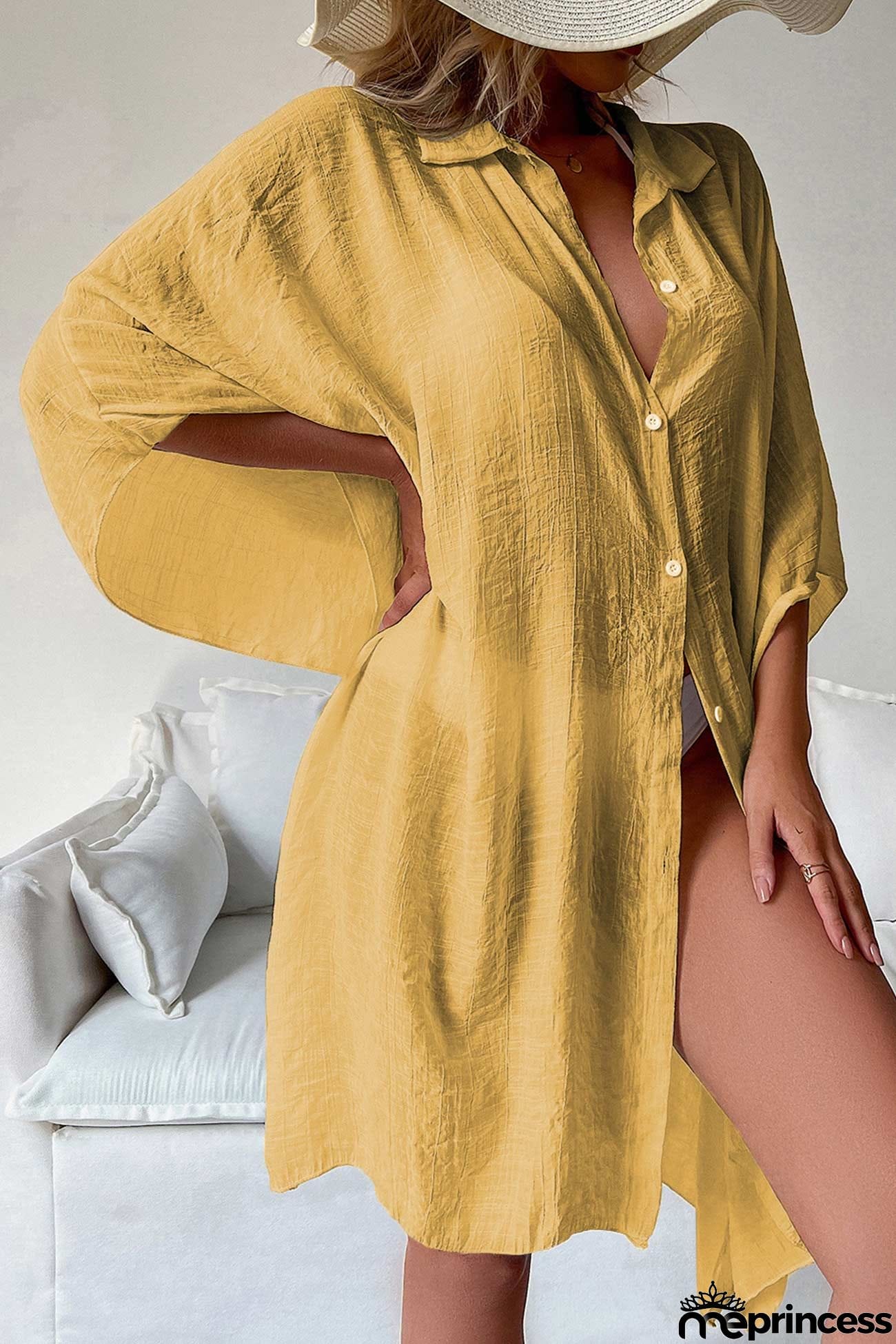 Solid Color Button Down Cover-up Shirt Dress