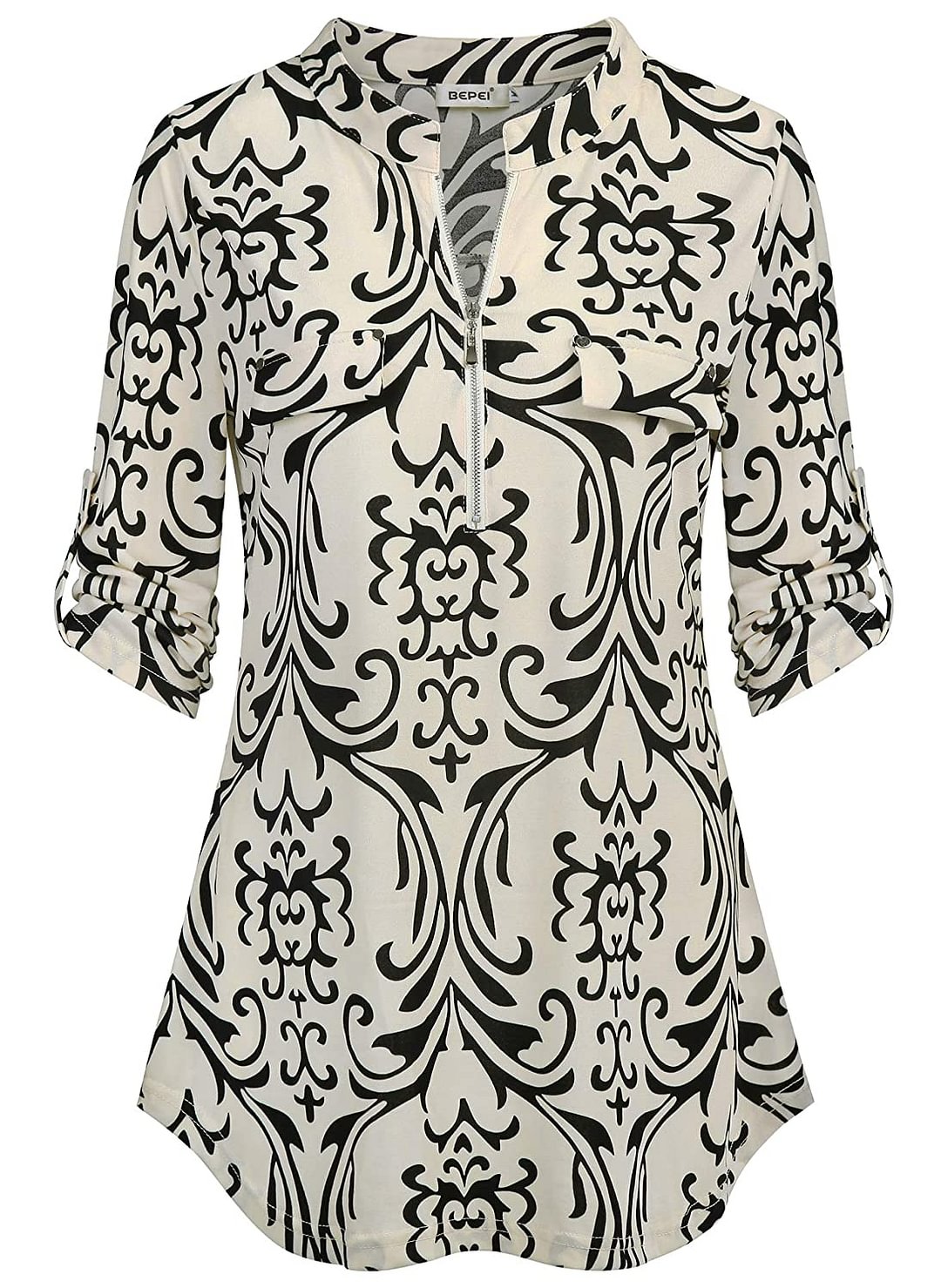 Womens Floral 3/4 Sleeve Shirts Zip up V Neck Work Chiffon Blouses Top