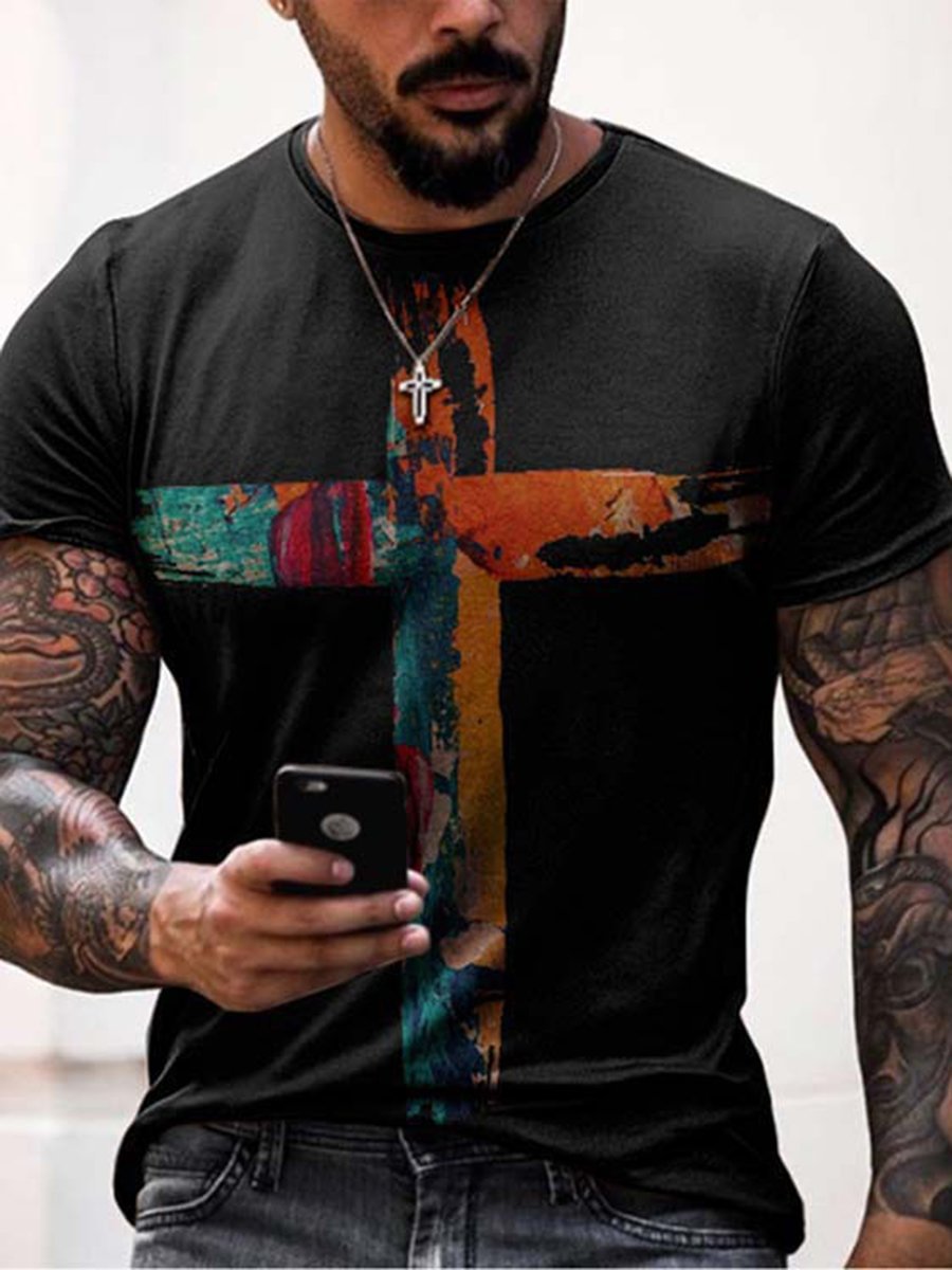 men's cross print casual round neck T-shirt