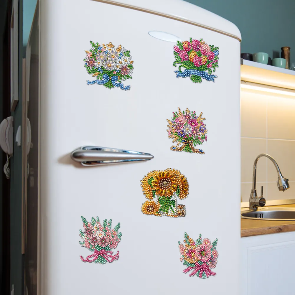 6Pcs Bouquet Diamond Painting Fridge Magnet DIY Diamond Fridge Stickers