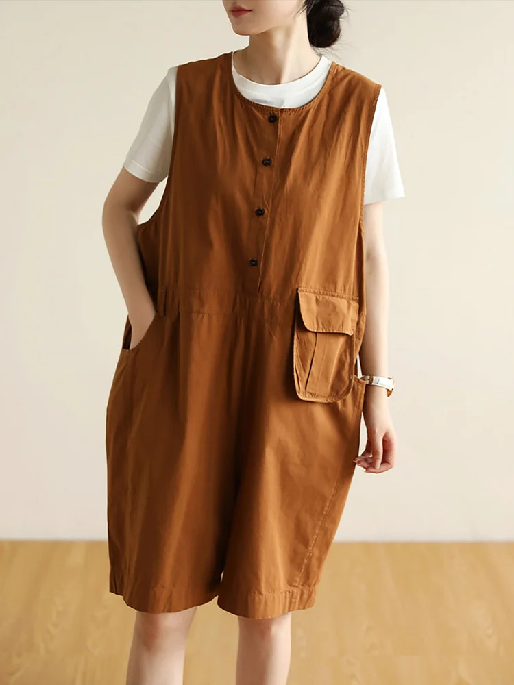 Women Summer Solid Retro Pocket Button Vest Short Jumpsuits