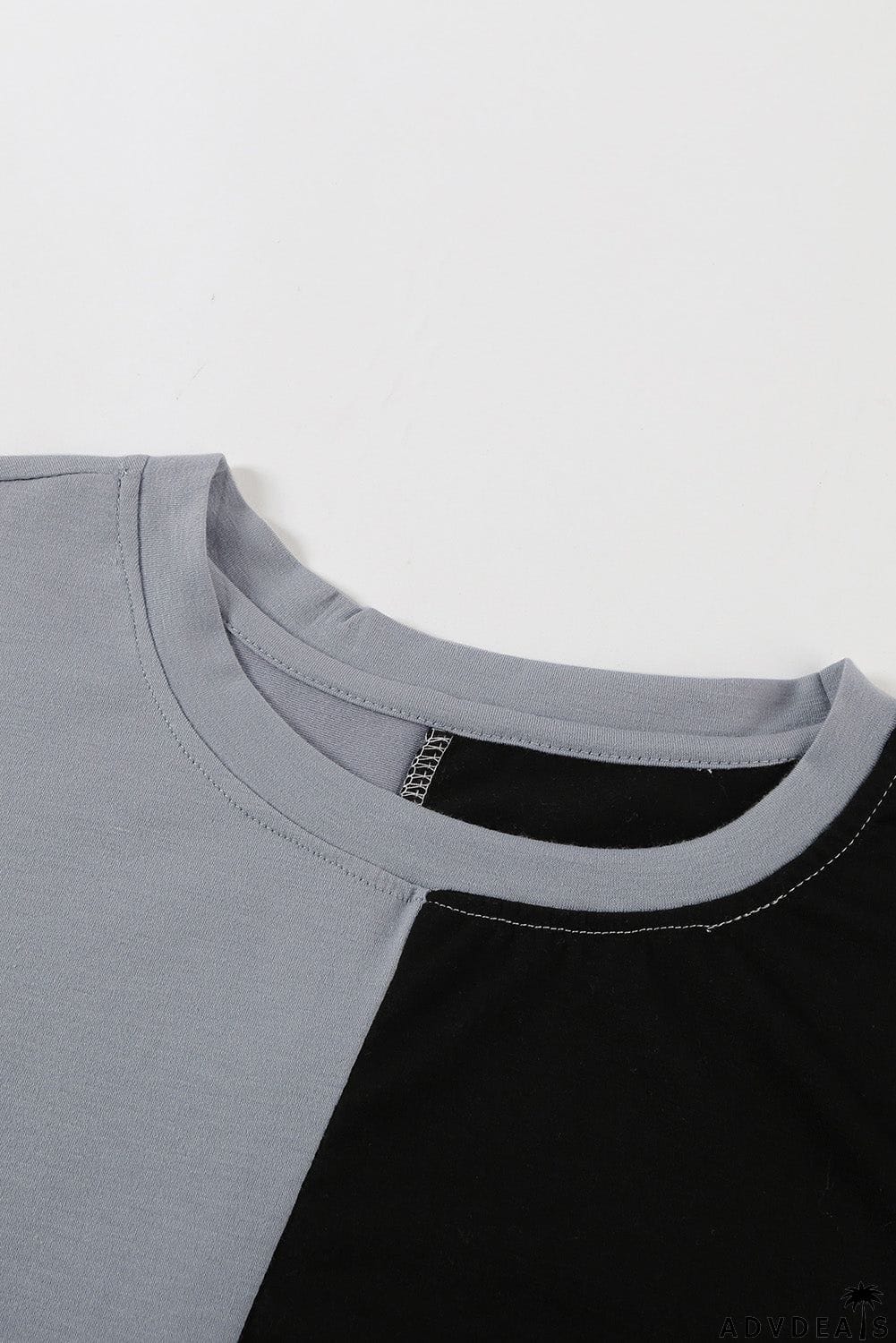 Women's Casual Army Green Colorblock Short Sleeve T-shirt with Slits