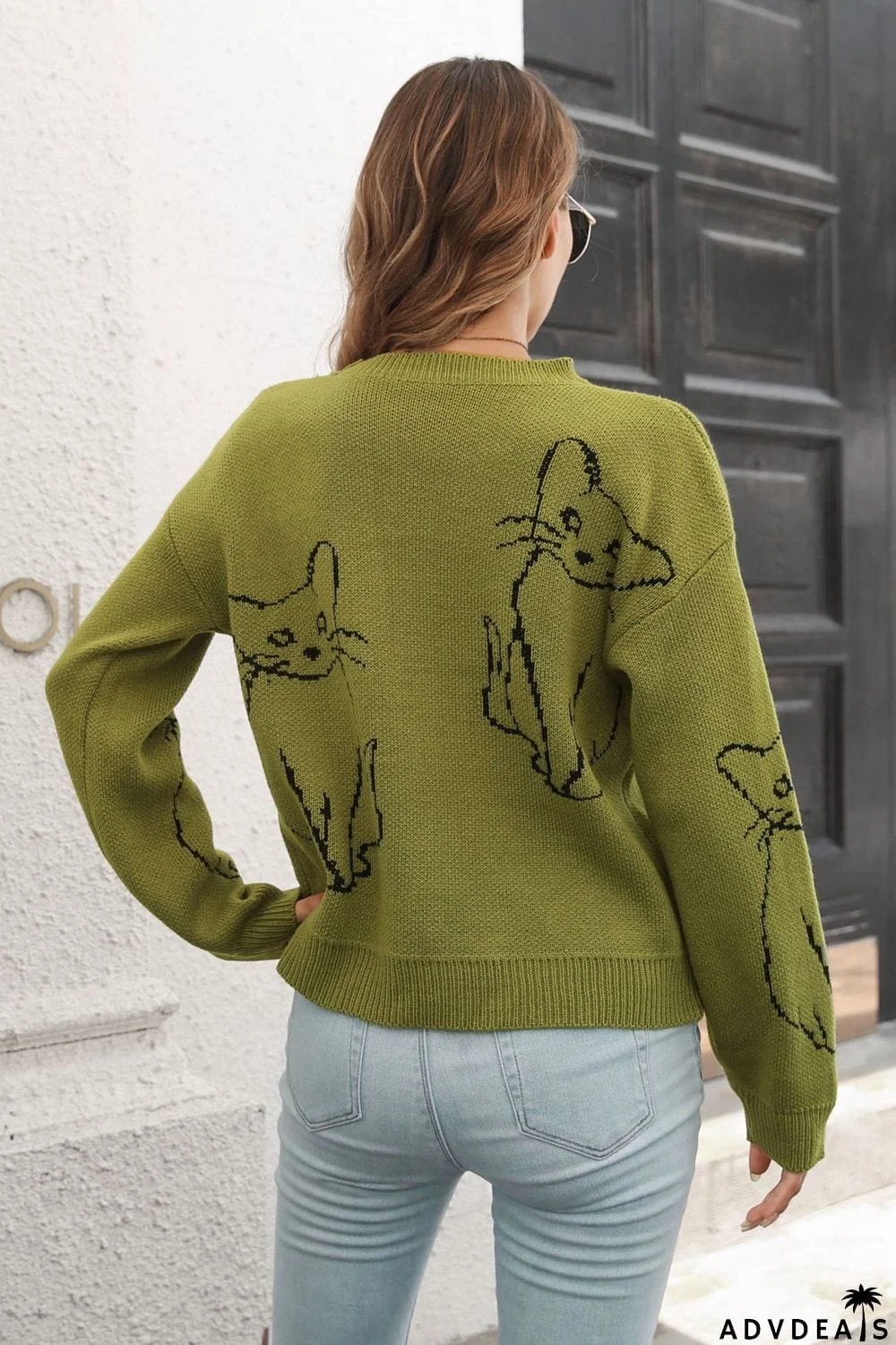 Cat Pattern Round Neck Long Sleeve Pullover Sweater