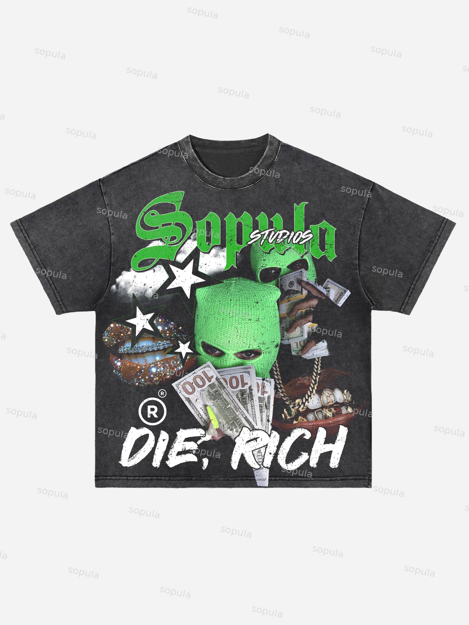 Vintage Street Gangsta Lips Y2k Graphics Acid Wash T-shirt - SOPULA