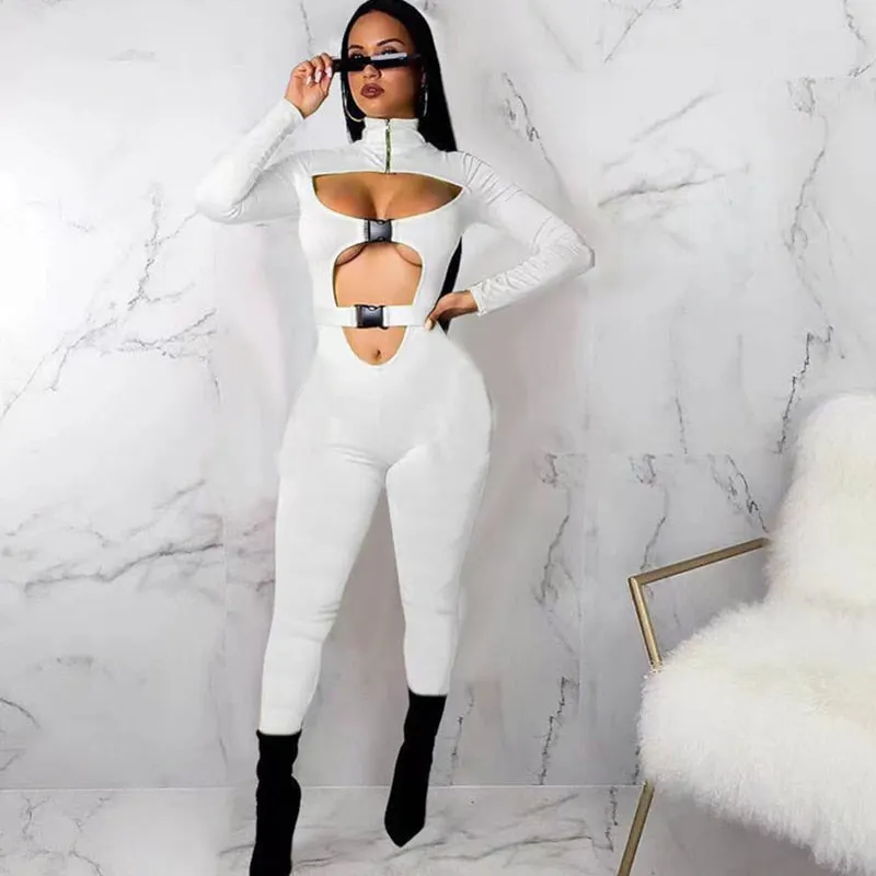 Sexy Women Bodycon Jumpsuit Solid Color Overalls Long Sleeves Rompers Bodysuits High Neck Hollow Out Buckle Biker Short Clubwear