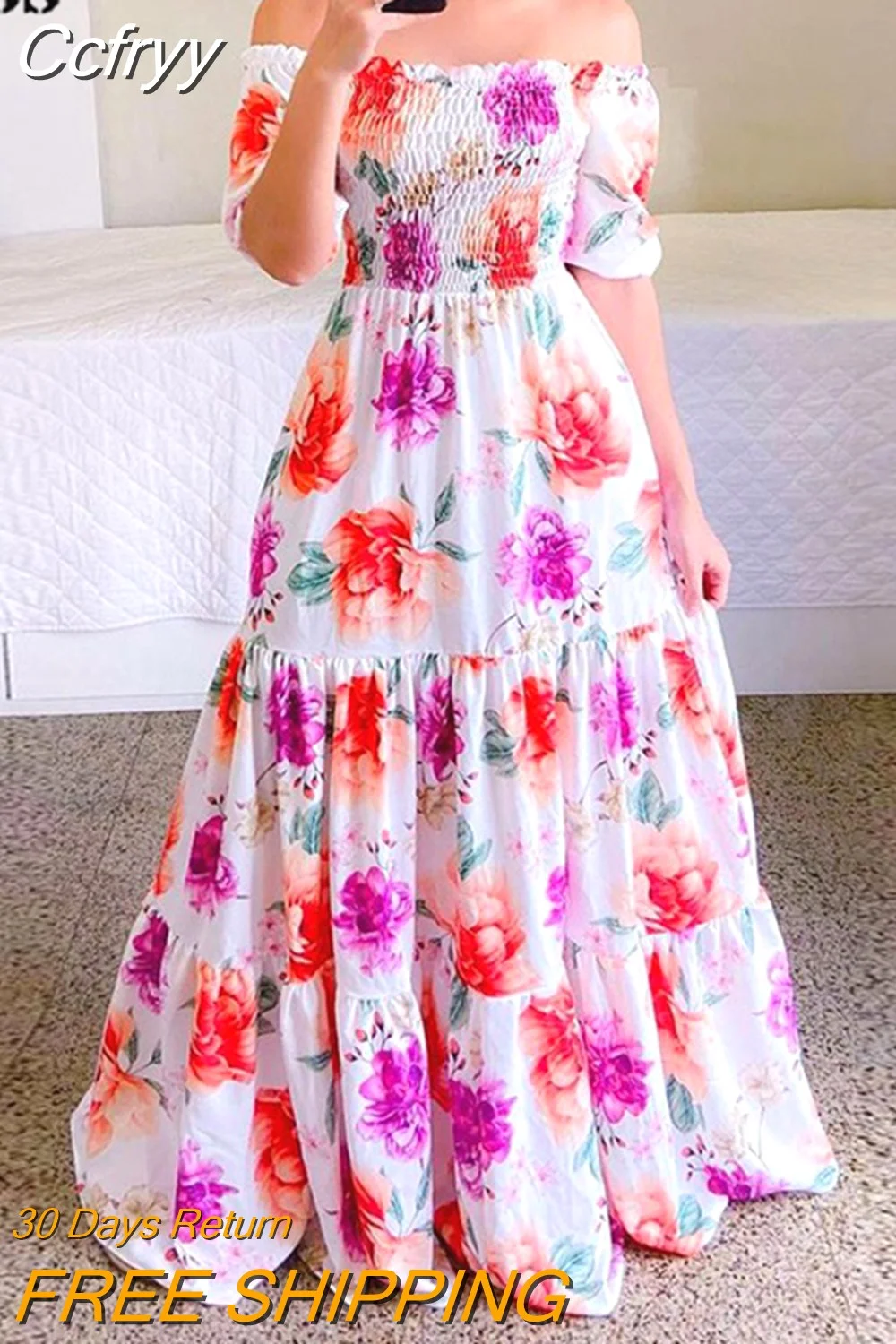 Huibahe Off The Shoulder Tube Top Dress Butterfly Rainbow Floral Print Dress Ladies Elegant Slim Summer Bohemian Party Maxi Dresses