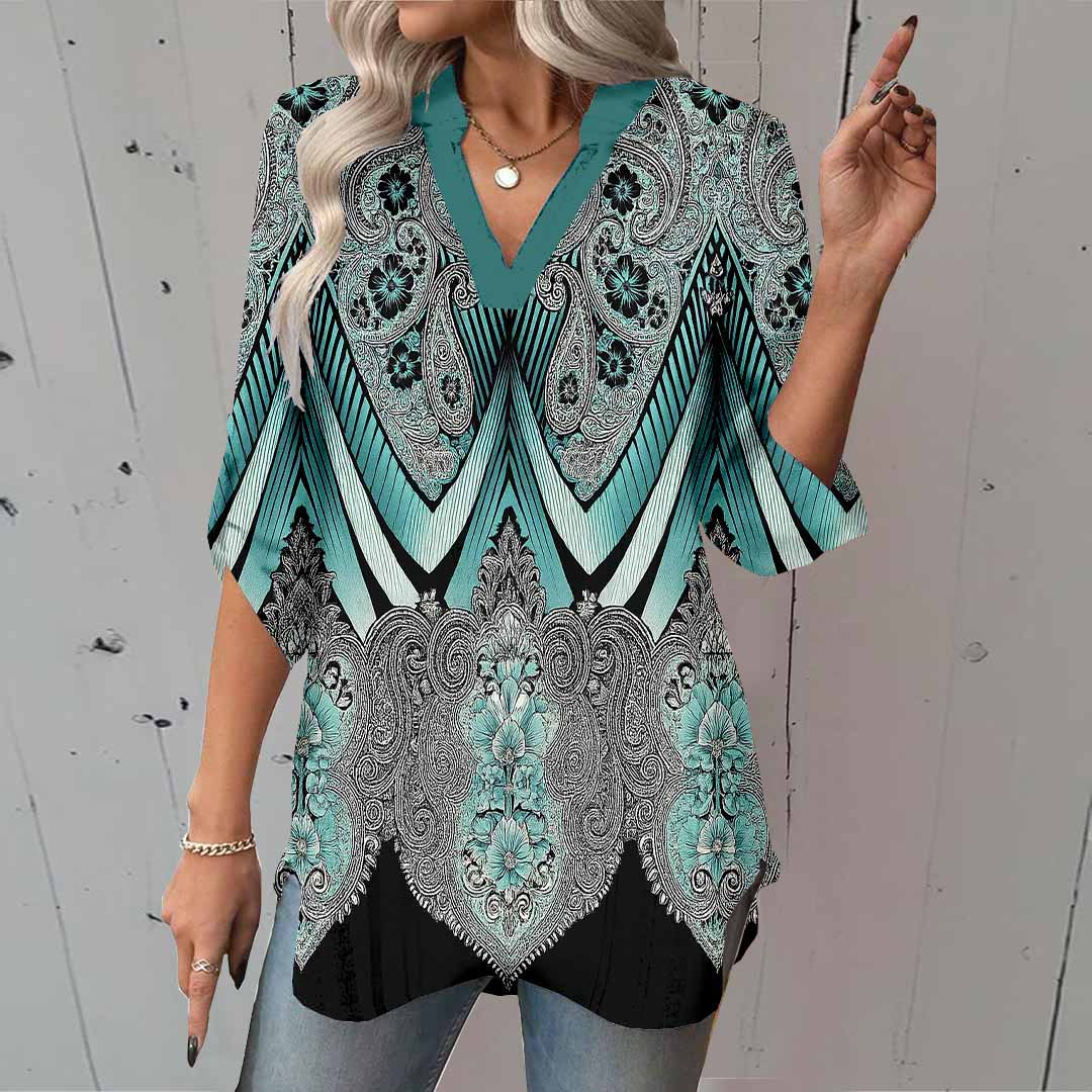 Women Retro,  Green,  Black DZGA0423 3/4 Sleeve V-neck Printed Graphic Button Tops
