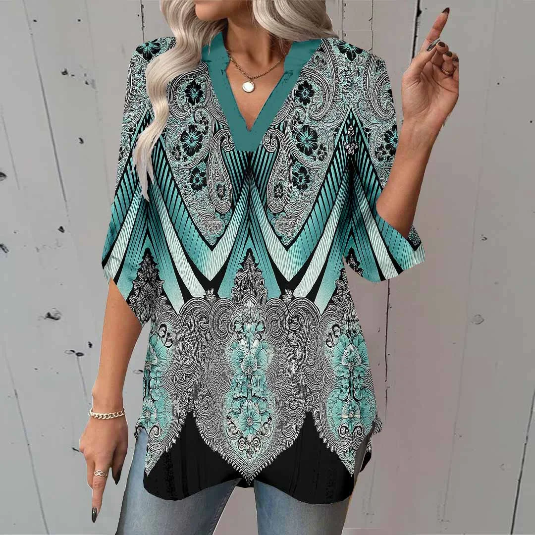 Women Retro,  Green,  Black DZGA0423 3/4 Sleeve V-neck Printed Graphic Button Tops