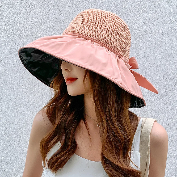 Hollow Straw Hat Splicing Big Eaves Bow Sun-Protection Fisherman Hat