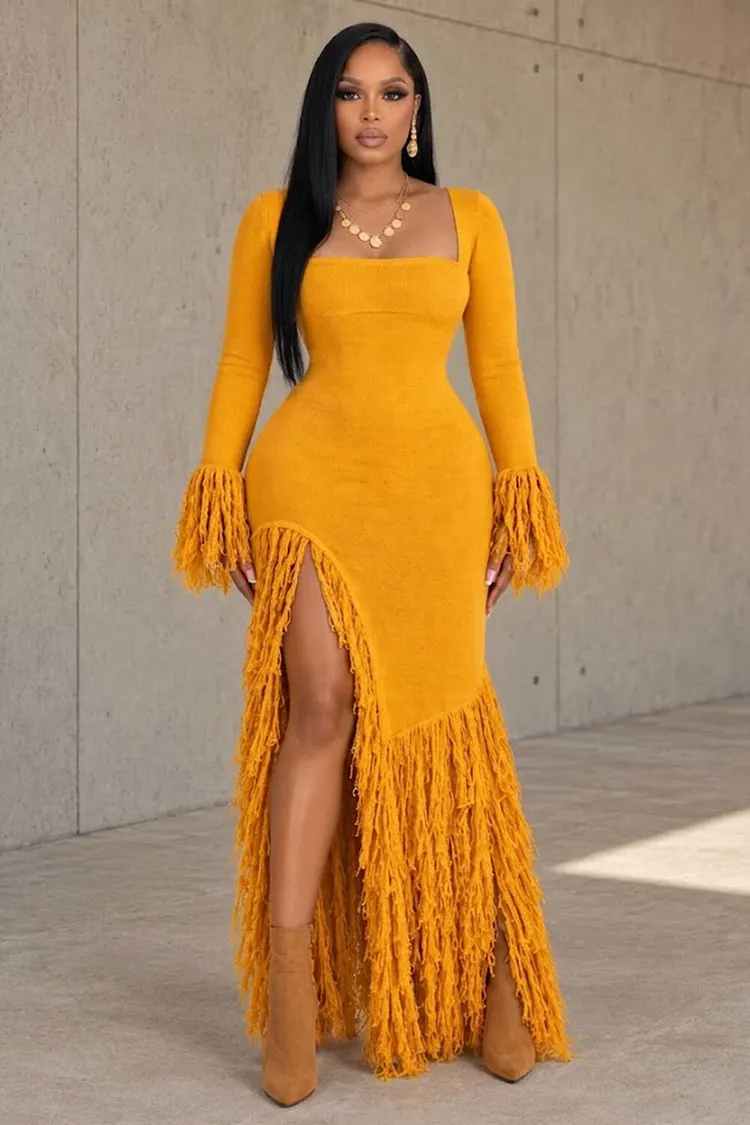 yellow bodycon maxi dress Square Neck Long Sleeve Fringe Slit Dresses-Yellow [Pre Order] weather plans and evenings