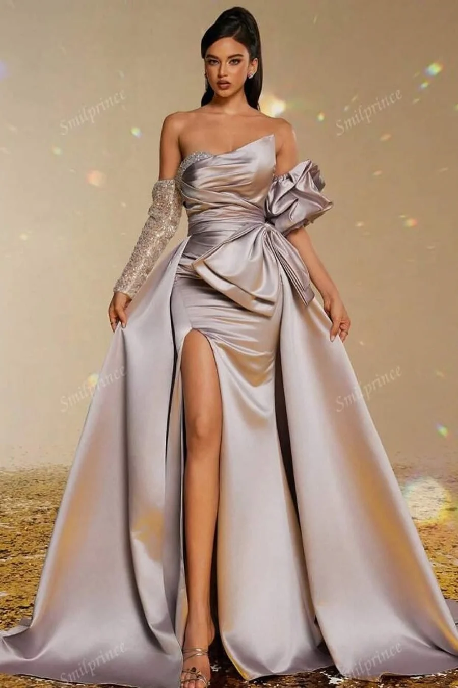 Daisda Sleeveless Strapless Split Prom Dress With Bow
