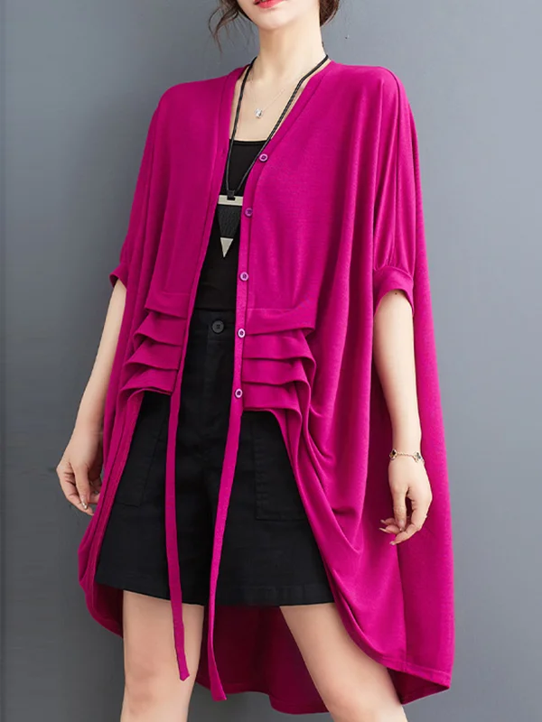 Solid Color Drawstring Loose Irregular Clipping V-Neck Outerwear