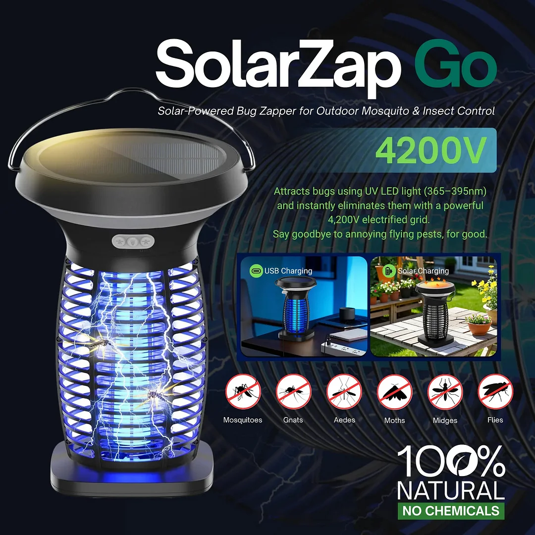 SolarZap Go - Portable Solar-Powered Bug Zapper for Outdoor Mosquito & Insect Control