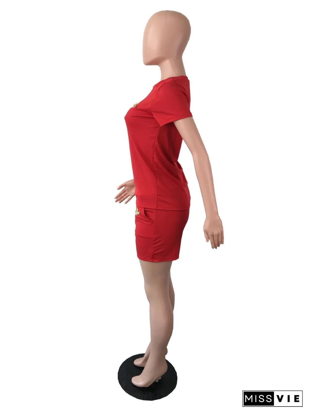 Summer Fashion New Bees Decorative Solid Color Short Sleeve T Shirt Pocket Shorts 2 Piece Set